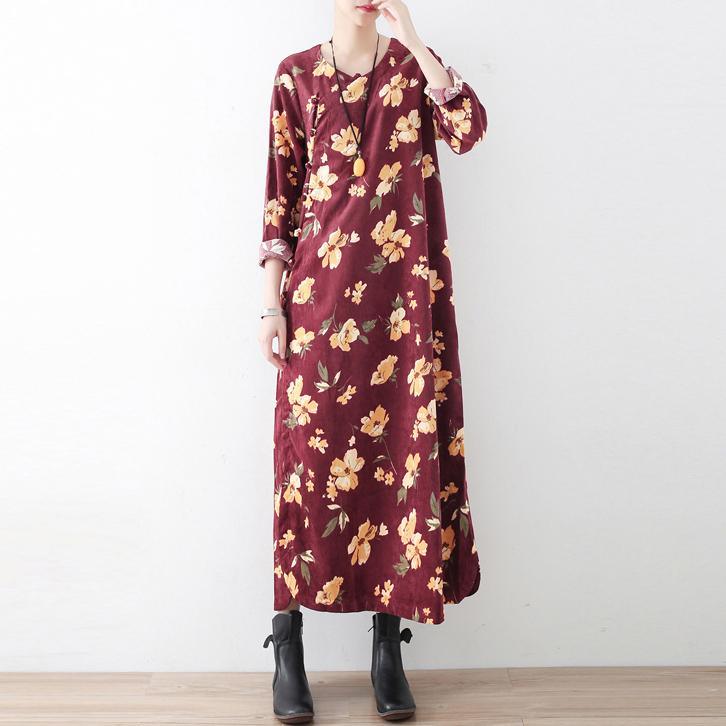 2017 fall red prints vintage cotton dresses oversize Chinese Button maxi dresses - Omychic