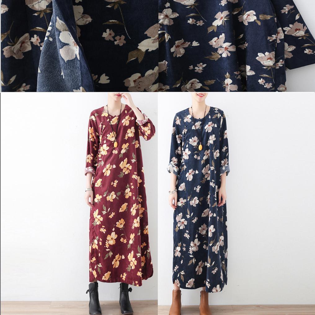 2017 fall red prints vintage cotton dresses oversize Chinese Button maxi dresses - Omychic