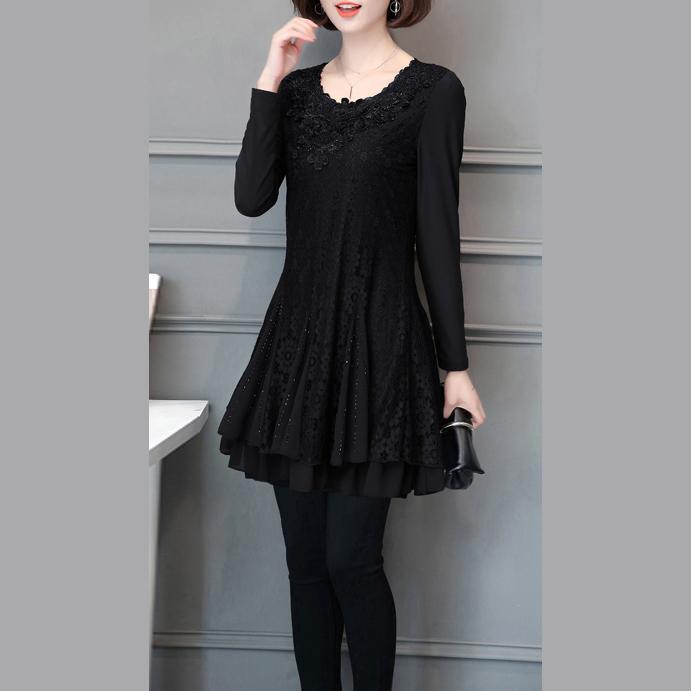 2017 fall warm  black patchwork lace dresses loose slim layered women cute dress - Omychic