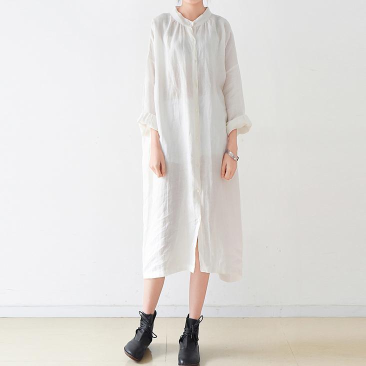 2017 fall white solid brief linen shirt dresses oversize long sleeve maxi dress - Omychic