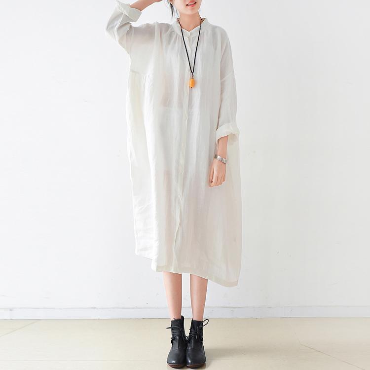 2017 fall white solid brief linen shirt dresses oversize long sleeve maxi dress - Omychic
