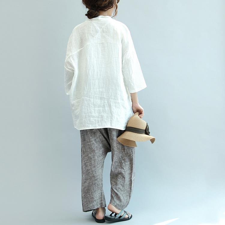 2017 fall white unique linen tops plus size casual blouse bracelet sleeved t shirt - Omychic