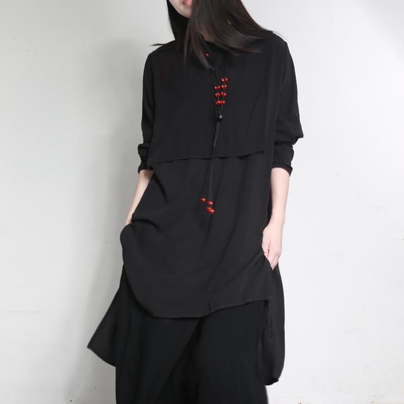 2017 fashion black linen blouse plus size false two pieces tops - Omychic