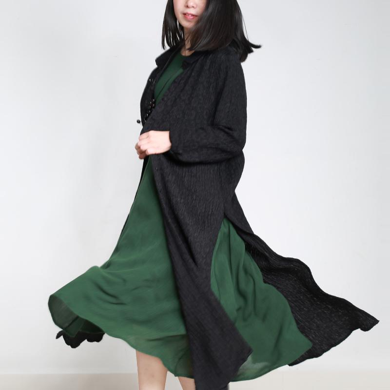 2017 fashion black silk linen cardigans vintage casual jacquard wrap coat - Omychic