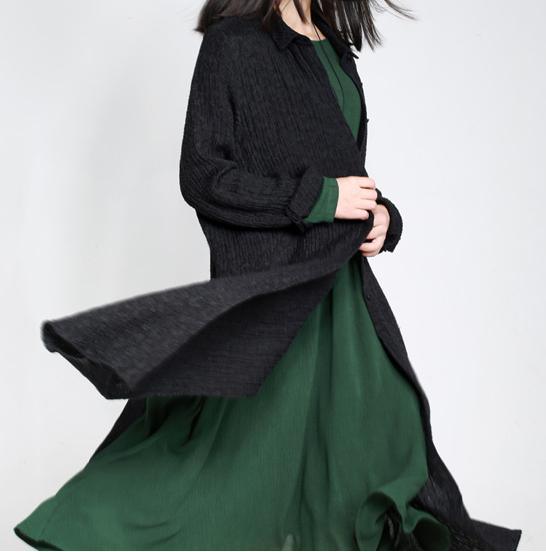 2017 fashion black silk linen cardigans vintage casual jacquard wrap coat - Omychic