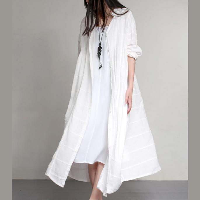 2017 fashion white linen coats loose patchwork long trench coats - Omychic