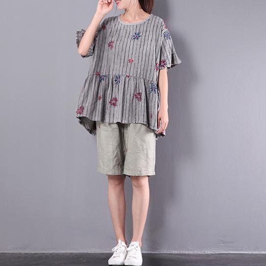 2017 gray floral linen blouse baggy loose short sleeve t shirt - Omychic