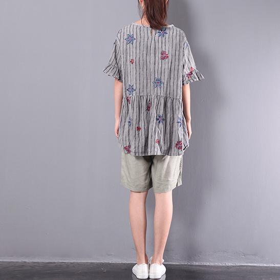 2017 gray floral linen blouse baggy loose short sleeve t shirt - Omychic