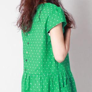 2017 green fine linen dresses short sleeve casual sundress dotted o neck summer dress - Omychic
