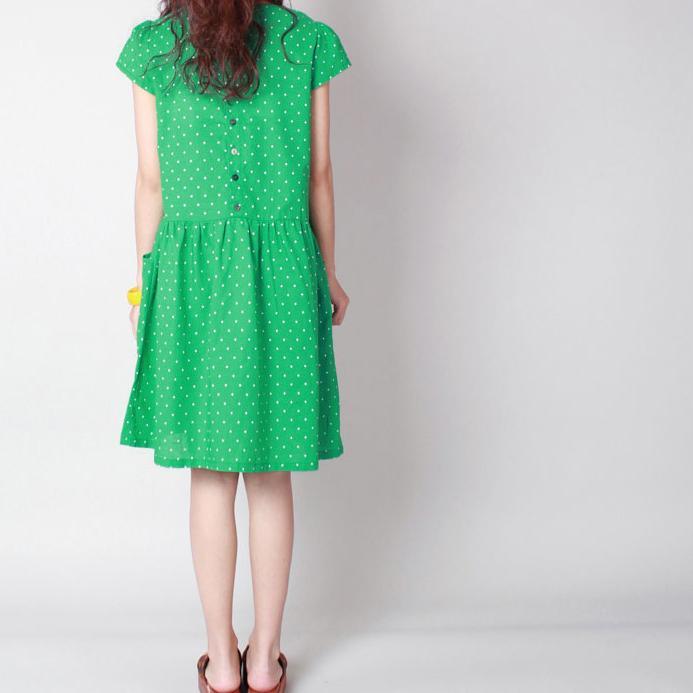2017 green fine linen dresses short sleeve casual sundress dotted o neck summer dress - Omychic