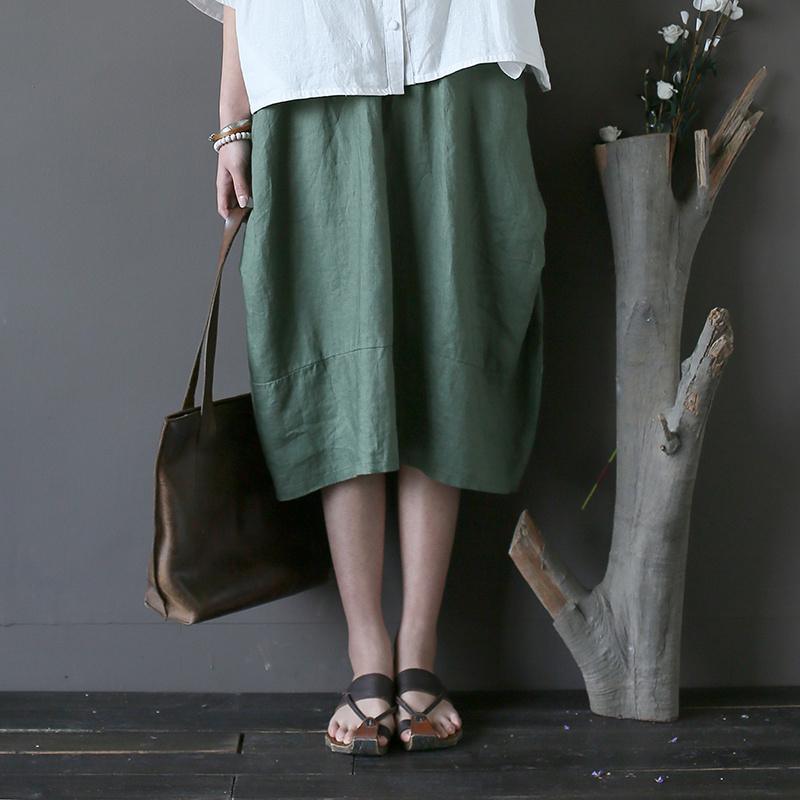 2017 green patchwork linen mid skirts elastic waist loose cirlce skirts - Omychic
