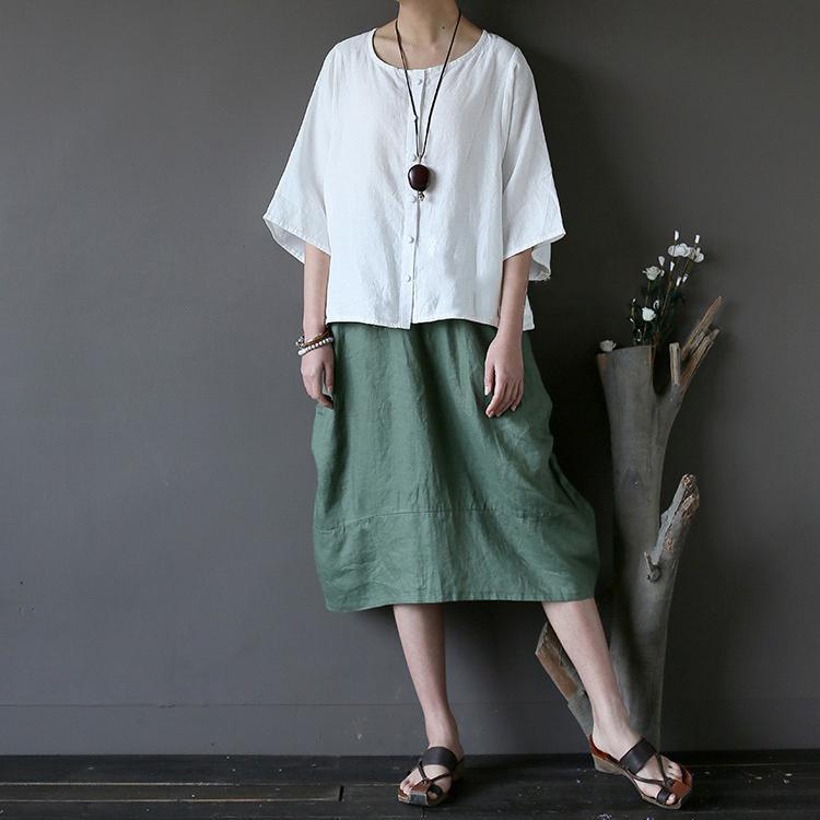 2017 green patchwork linen mid skirts elastic waist loose cirlce skirts - Omychic