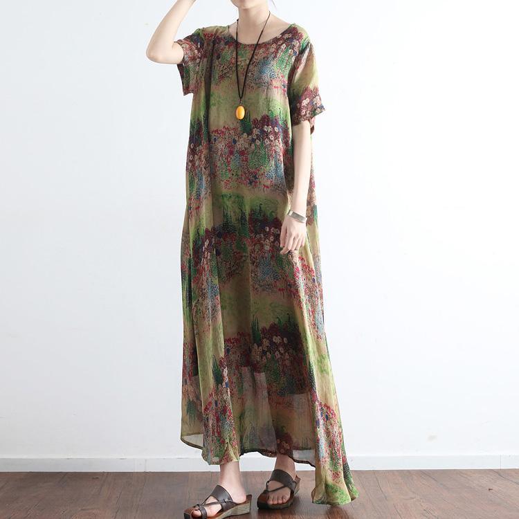2017 green print silk dresses casual plus size maxi dress short sleeve large hem sundress - Omychic