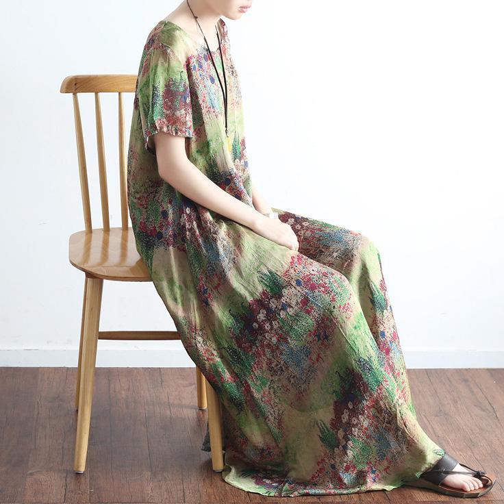 2017 green print silk dresses casual plus size maxi dress short sleeve large hem sundress - Omychic