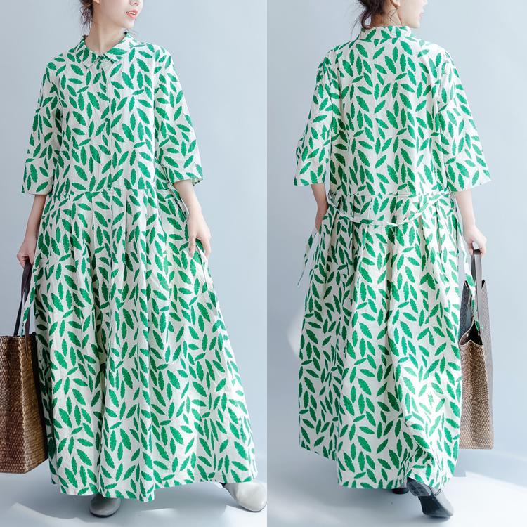 2017 green prints summer dress linen casual plus size sundress bracelet sleeved maxi dress - Omychic