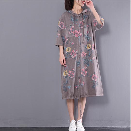 2017 khaki oversize cardigan half sleeve hooded cotton dress summer maxi dresses - Omychic