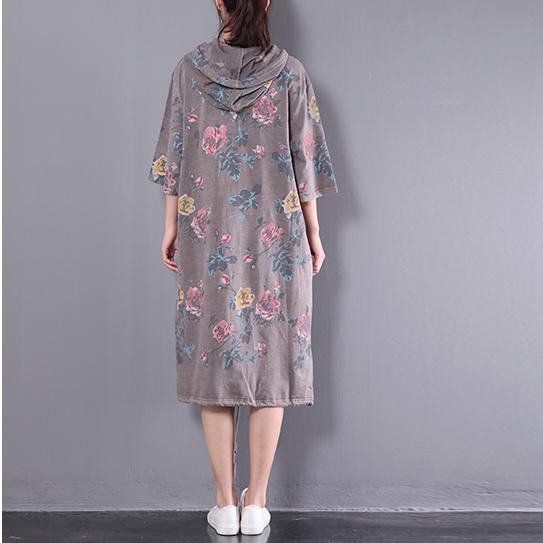 2017 khaki oversize cardigan half sleeve hooded cotton dress summer maxi dresses - Omychic