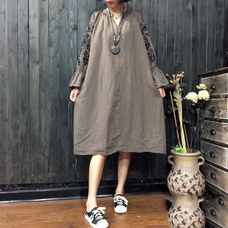 2017 khaki pure linen dresses plus size clothing linen cotton dress boutique embroidery linen clothing dress - Omychic