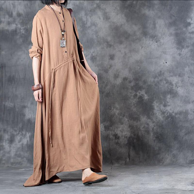 2017 light khaki stand linen gown plus size casual long sleeve tie waist maxi dress - Omychic