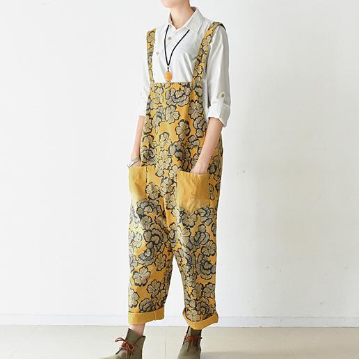 2017 loose spring yellow jumptsuit strapped pants casual floral style cotton clothing - Omychic