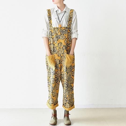 2017 loose spring yellow jumptsuit strapped pants casual floral style cotton clothing - Omychic