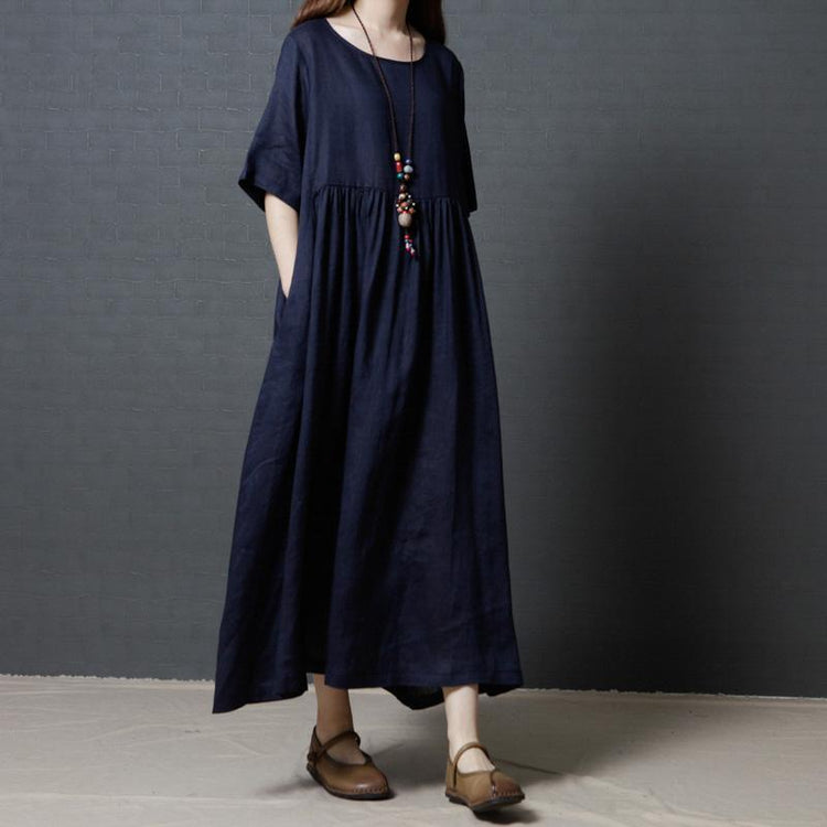 2017 navy casual linen dresses plus size high waist sundress short sleeve maxi dress - Omychic