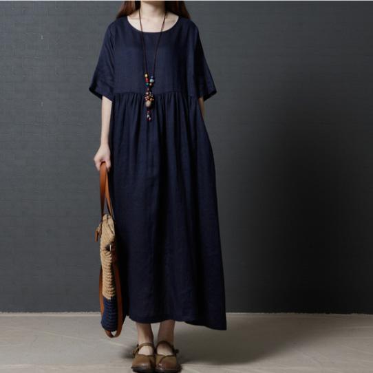 2017 navy casual linen dresses plus size high waist sundress short sleeve maxi dress - Omychic