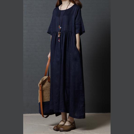 2017 navy casual linen dresses plus size high waist sundress short sleeve maxi dress - Omychic