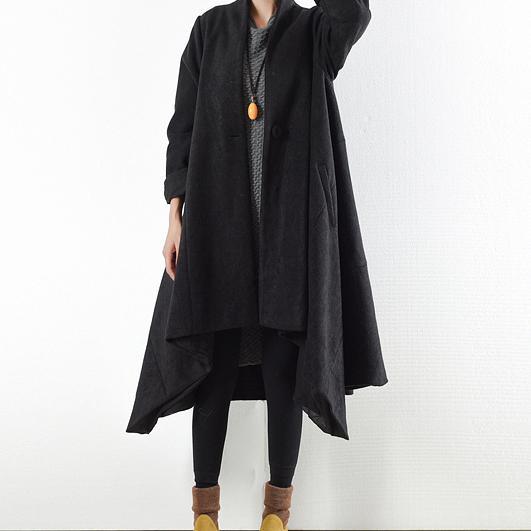 2017 new autumn black woolen coats plus size asymmetric thick trench coats - Omychic