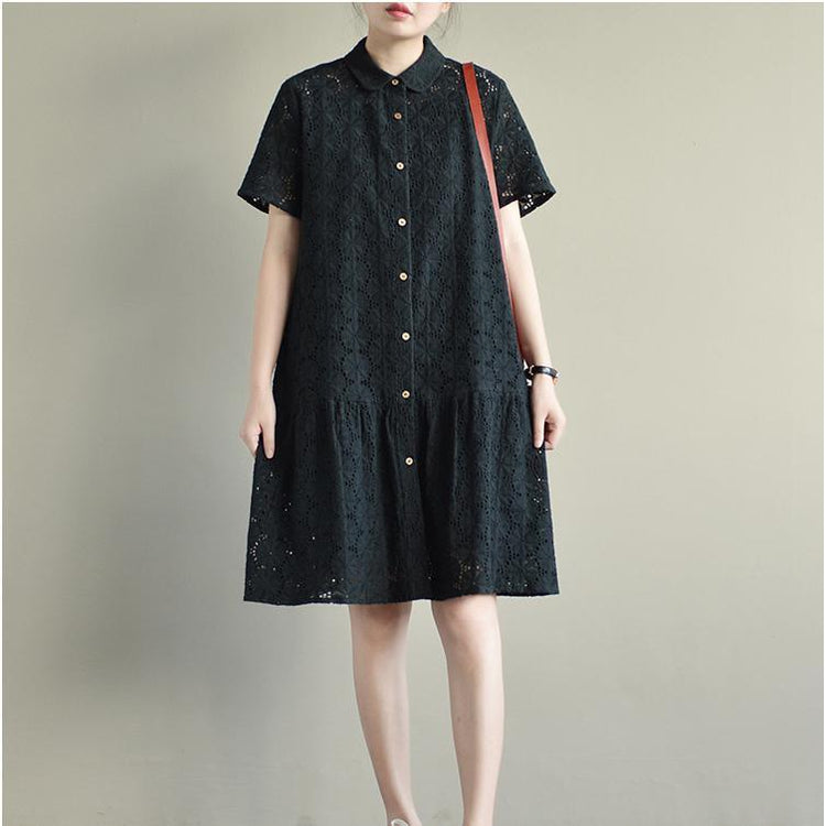 2017 new black casual cotton dresses hollow out plus size sundress short sleeve shirt dress - Omychic
