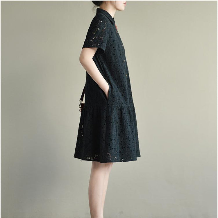 2017 new black casual cotton dresses hollow out plus size sundress short sleeve shirt dress - Omychic