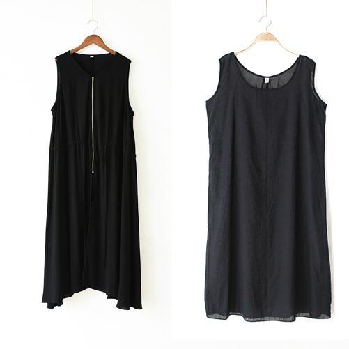 2017 new black casual linen dresses plus size sundress sleeveless maxi dress two pieces - Omychic