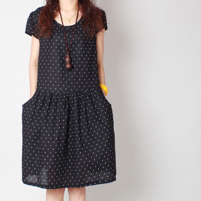 2017 new black dotted summer dresses stylish fine linen dress women casual sundress - Omychic