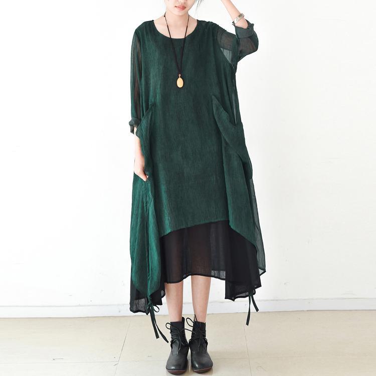 2017 new blackish green asymmetric chiffon dresses plus size casual pockers maxi dress - Omychic