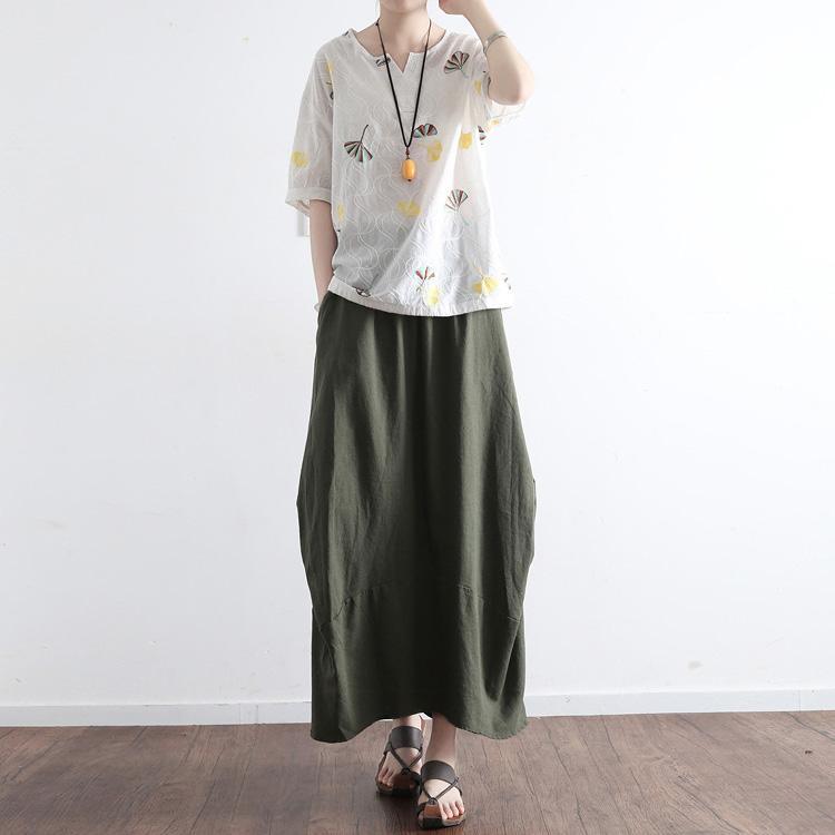 2017 new blackish green patchwork linen skirts vintage oversize maxi skirts - Omychic