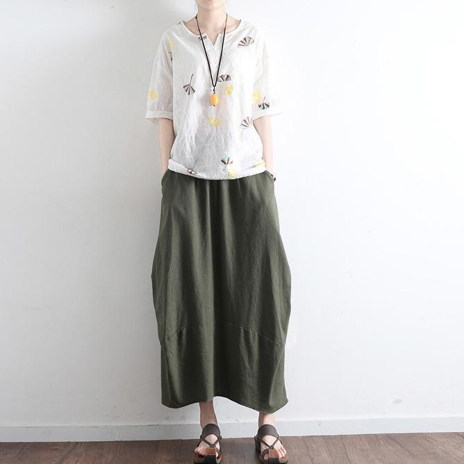 2017 new blackish green patchwork linen skirts vintage oversize maxi skirts - Omychic