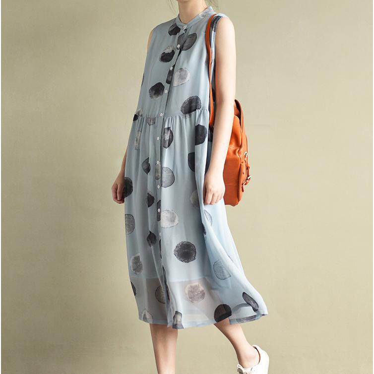 2021 New Blue Dotted Print Chiffon Sundress Plus Size Casual Shirts Dresses Sleeveless Maxi Dress - Omychic