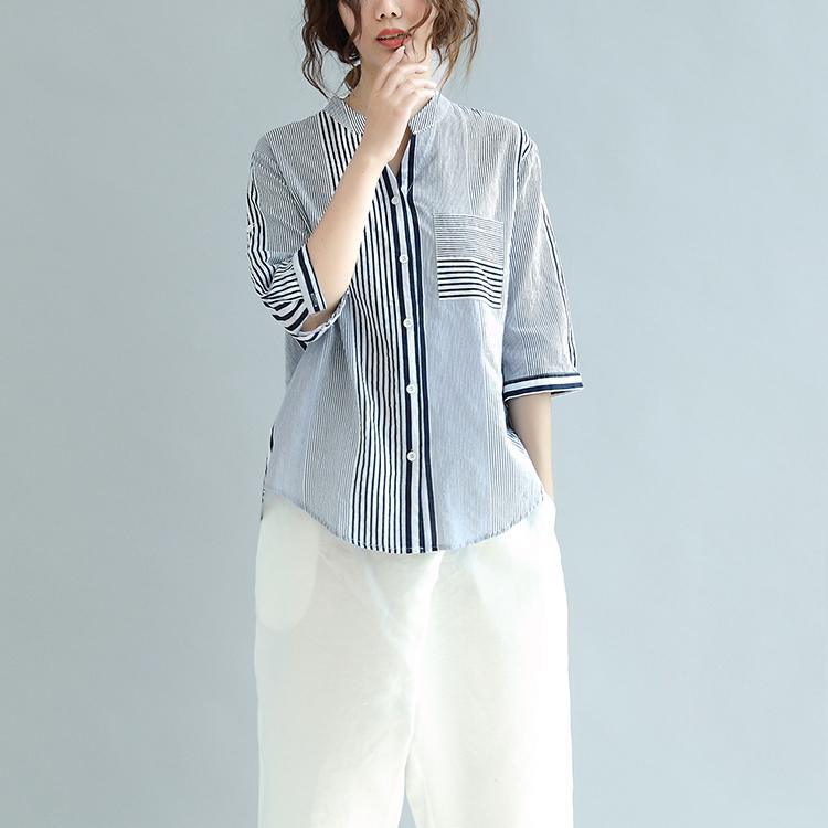 2017 new blue striped casual linen tops unique loose cotton blouse short sleeve shirts - Omychic