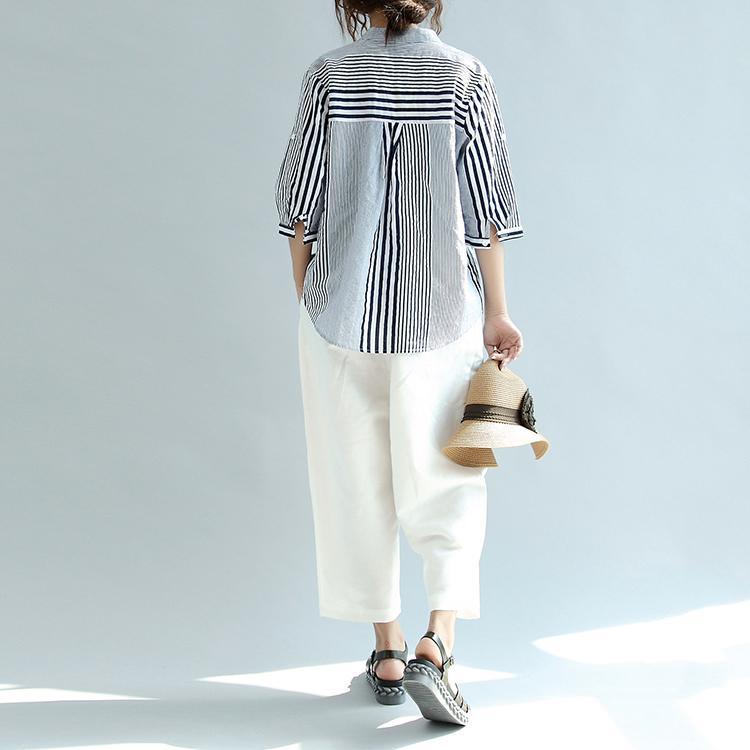2017 new blue striped casual linen tops unique loose cotton blouse short sleeve shirts - Omychic