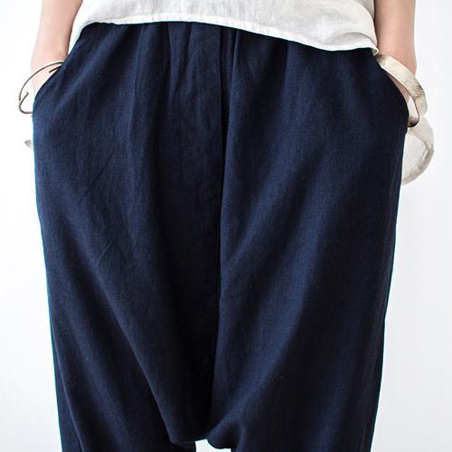 2021 New Dark Blue Linen Harem Pants Plus Size Casual Elastic Waist Crop Pants - Omychic