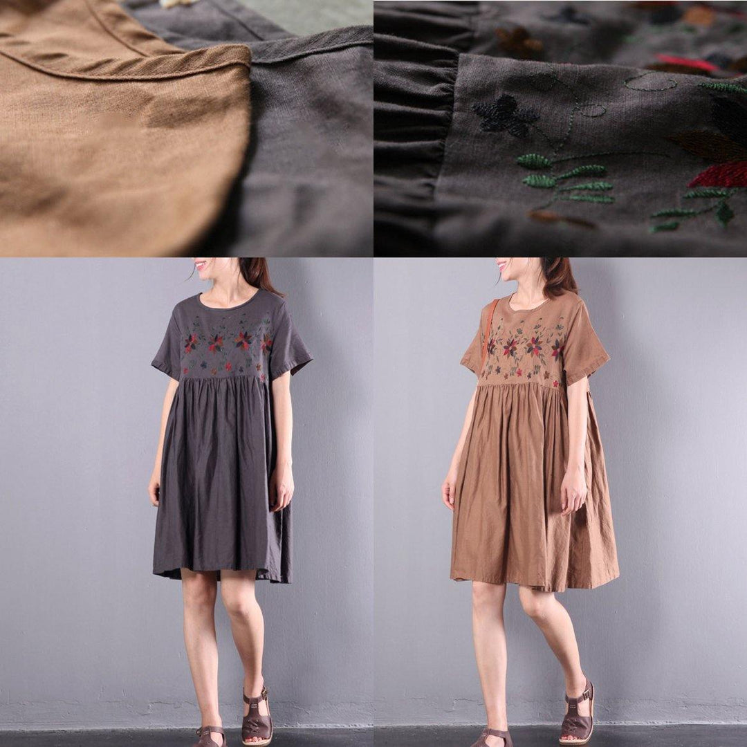 2017 new dark gray embroidery linen sundress oversize casual sundress o neck traveling dress - Omychic