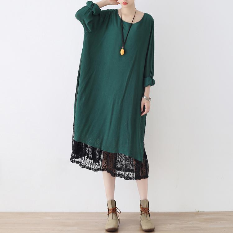 2017 new fall green cotton dresses plus size stylish patchwork lace maxi dress - Omychic