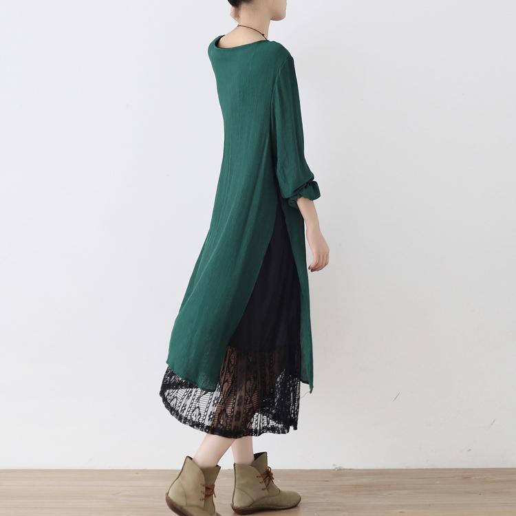 2017 new fall green cotton dresses plus size stylish patchwork lace maxi dress - Omychic