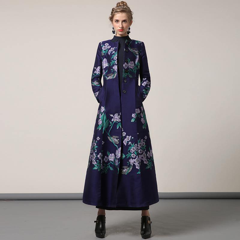 2017 new floral cotton winter parka purple jacquard stand collar elegant trench coats - Omychic