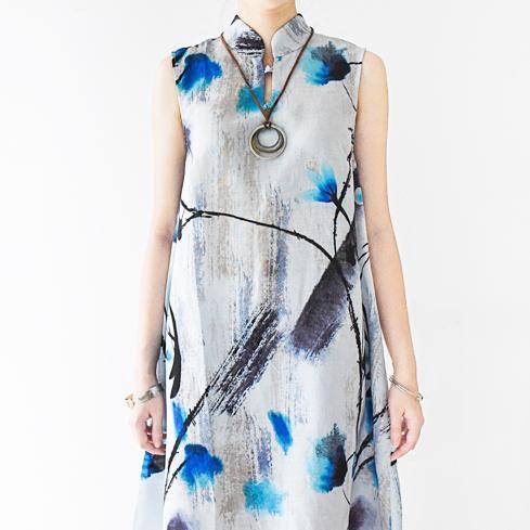 2017 new print vintage linen dresses stylish unique silk sundress sleeveless maxi dress - Omychic