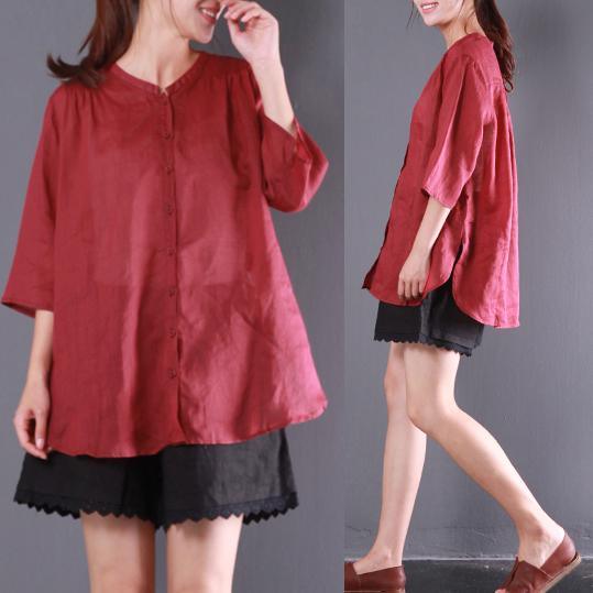 2017 new red stylish linen tops plus size wrinkled blouse short sleeve shirts - Omychic