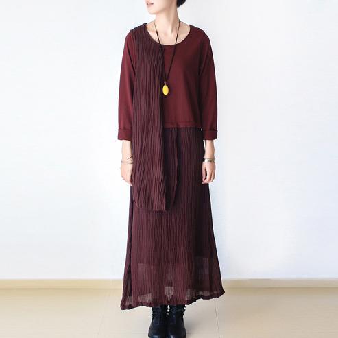 2017 new spring dresses maxi patchwork linen dresses cotton dresses in wine red - Omychic