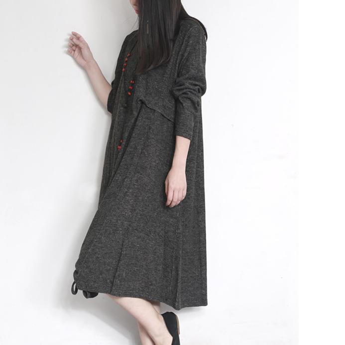 2017 new stylish dark gray woolen dresses plus size cotton vintage elegant maxi dress - Omychic