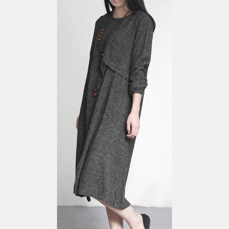 2017 new stylish dark gray woolen dresses plus size cotton vintage elegant maxi dress - Omychic