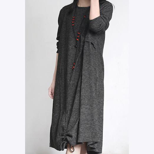 2017 new stylish dark gray woolen dresses plus size cotton vintage elegant maxi dress - Omychic